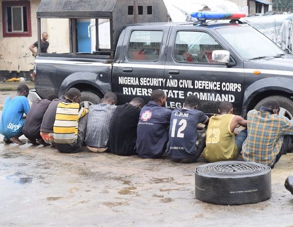 Antivandalism: Rivers NSCDC Parades 10 Suspects for Oil Theft Impounds 9 Vehicles 1 Wooden Boat and 28,225 Litres of AGO